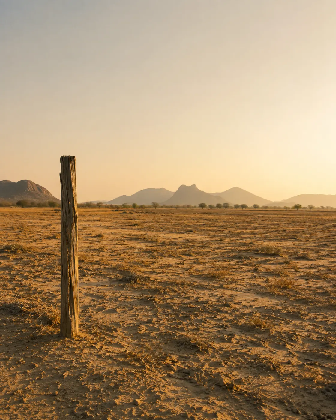 Empty arid farmland near Alwar at golden hour, a single weathered fence post standing in cracked sandy soil with the Aravalli hills behind