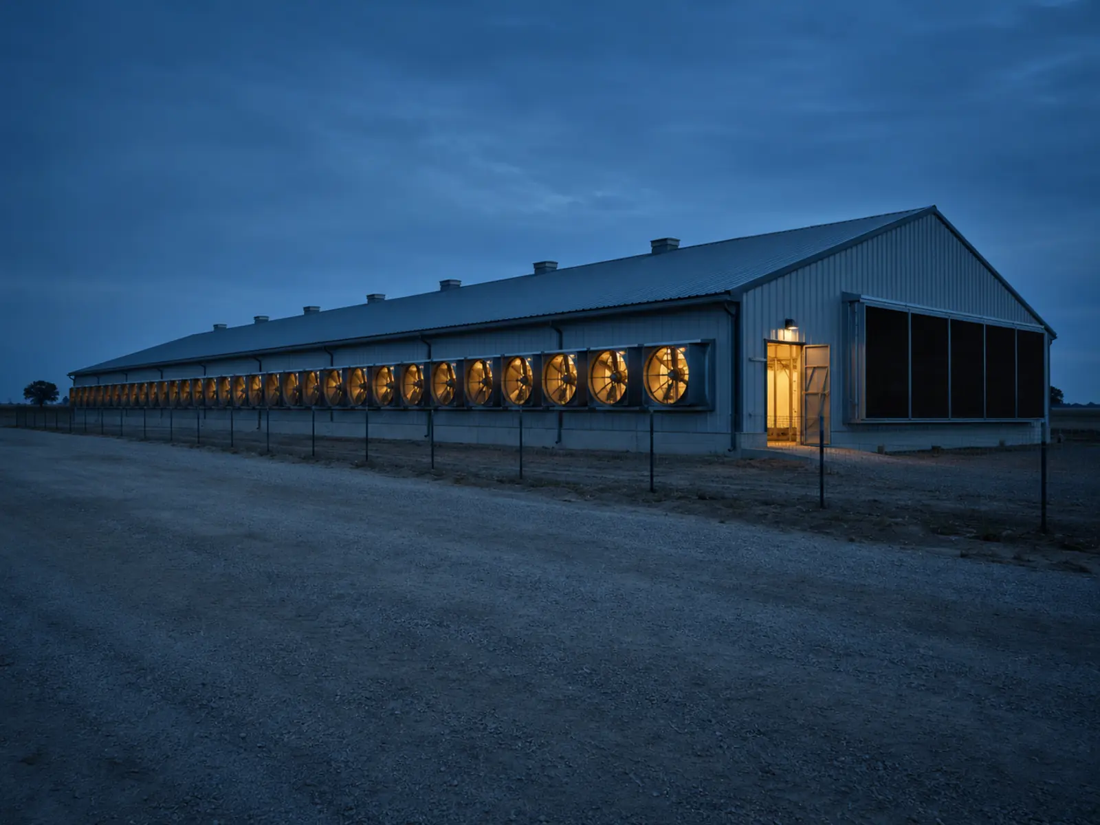 A long semi-environmentally-controlled poultry shed at cold blue hour, its row of ventilation fans lit from inside by warm amber light, gravel service track in the foreground
