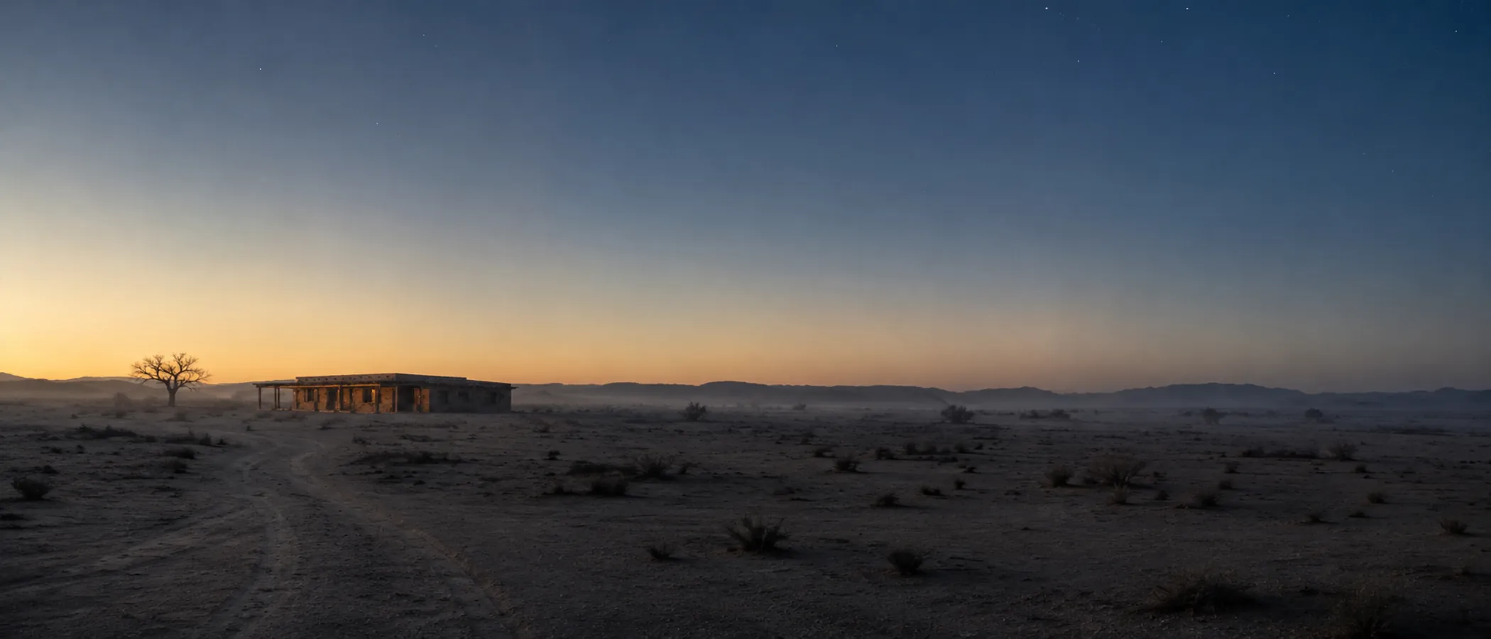 The sandstone homestead at first light, small against the desert, ground mist in the hollows and pale gold catching the roof beams