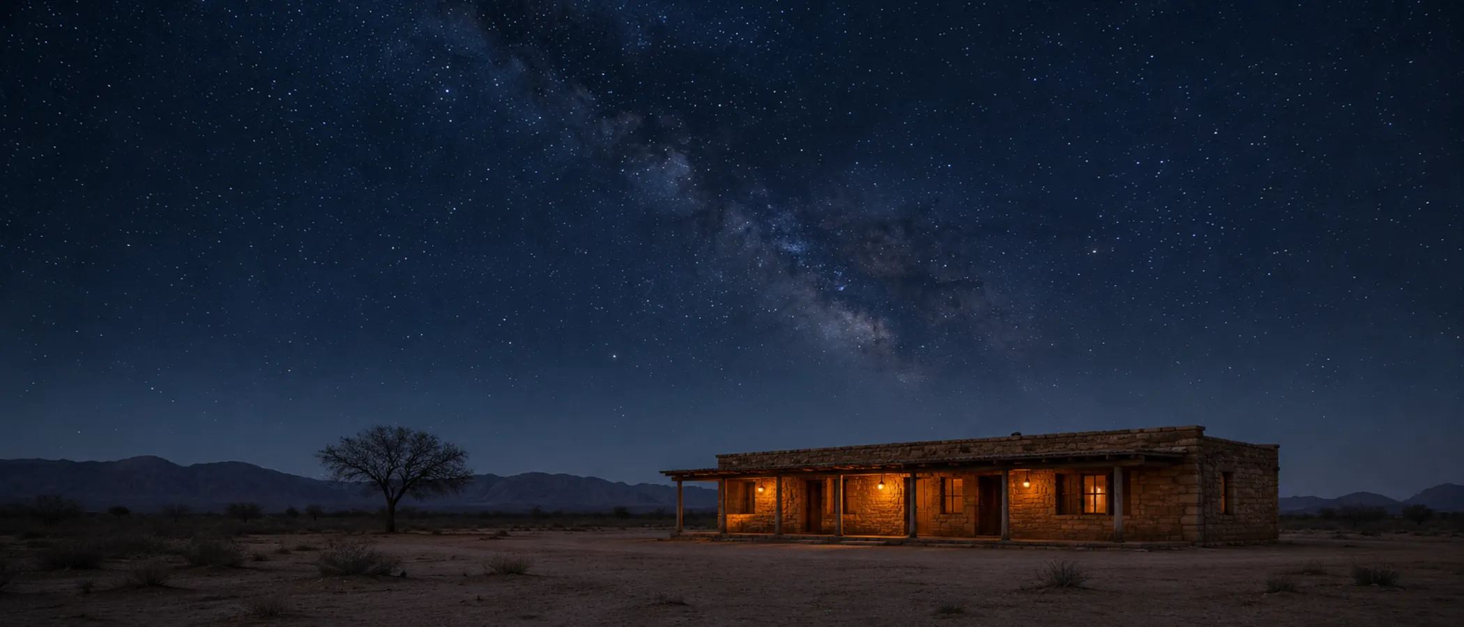 A lone sandstone homestead on the desert floor at night, lantern light spilling from its verandah under a sky thick with stars